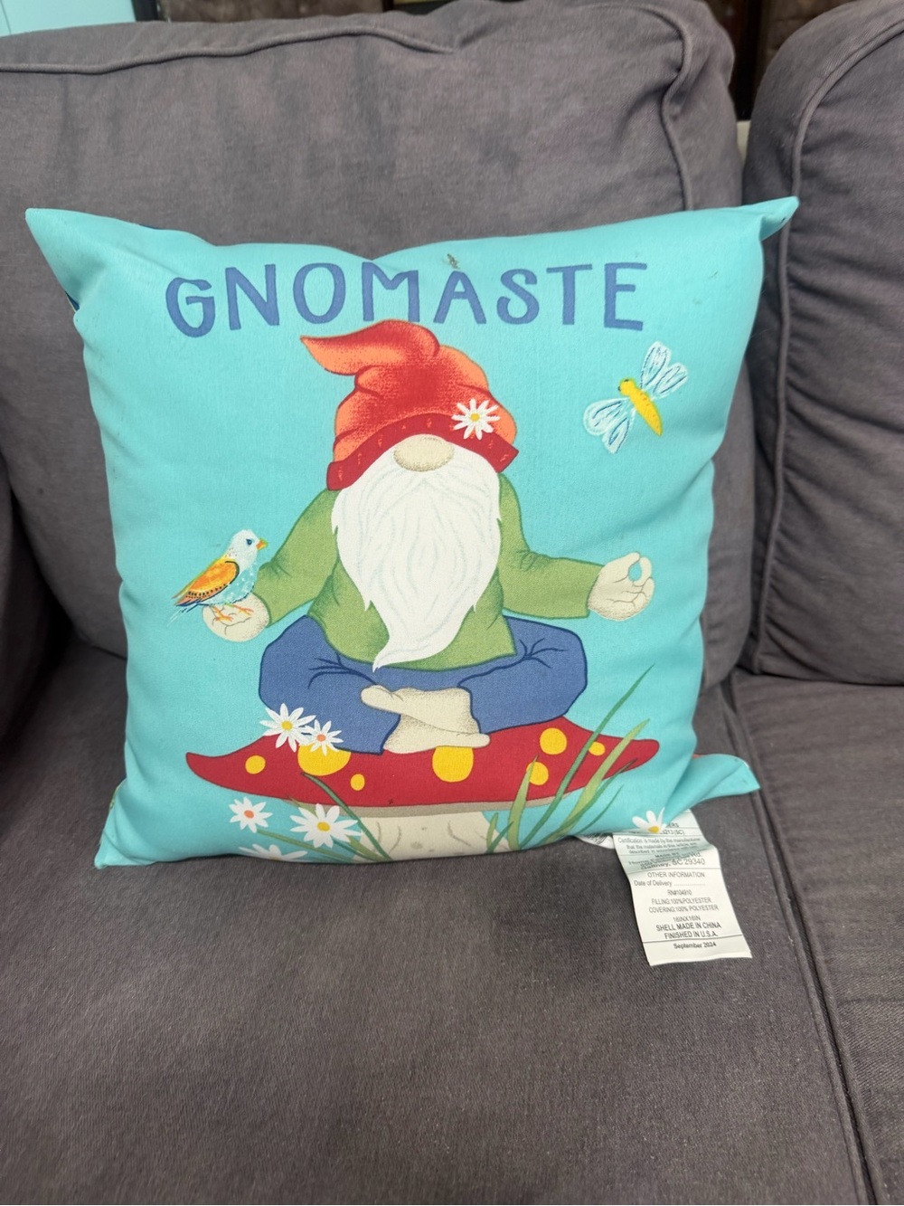 2 Gnomaste Garden Gnome outside Throw Pillow one has a stain